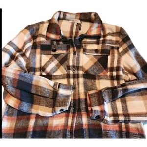 CHIGANT Brown Plaid Women's Sz Small Cropped Button Down Flannel Shacket NWOT